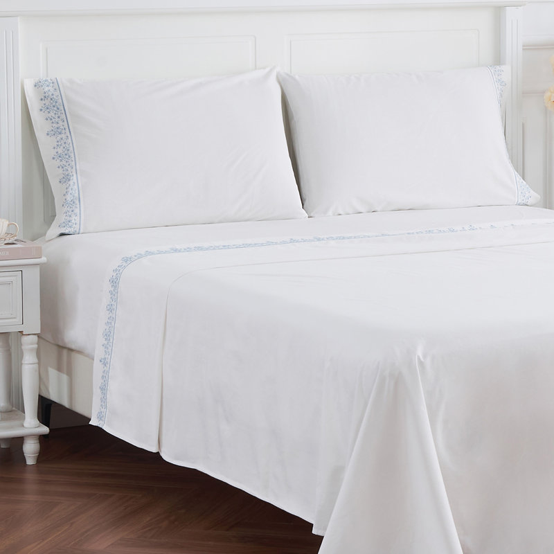 Cali 300 Thread Count Floral 100% Cotton Percale Sheet Set, California King Sheet Set with 2 Pillowcase, Blue