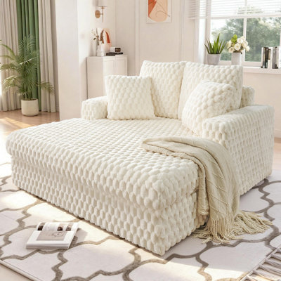 54" Modern Corduroy Chaise Lounge Chair With 2 Pillows, Sleeper Sofa Bed For Living Room, Bedroom Or Apartment In Off-White