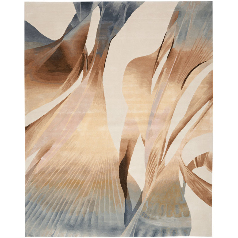 Tapis abstrait abstrait en viscose touffeté à la main beige, Rectangle 7 pi 9 po x 9 pi 9 po