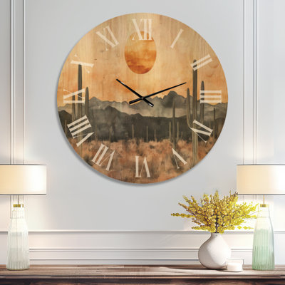 Très grande horloge murale en bois botanique - silhouette horizon du désert