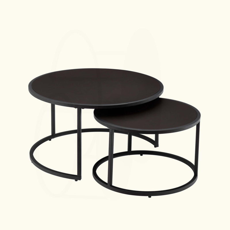 Set of 2 Modern Nesting Round Coffee Table, Faux Leather Accent Tea Table with Metal Base for Living Room