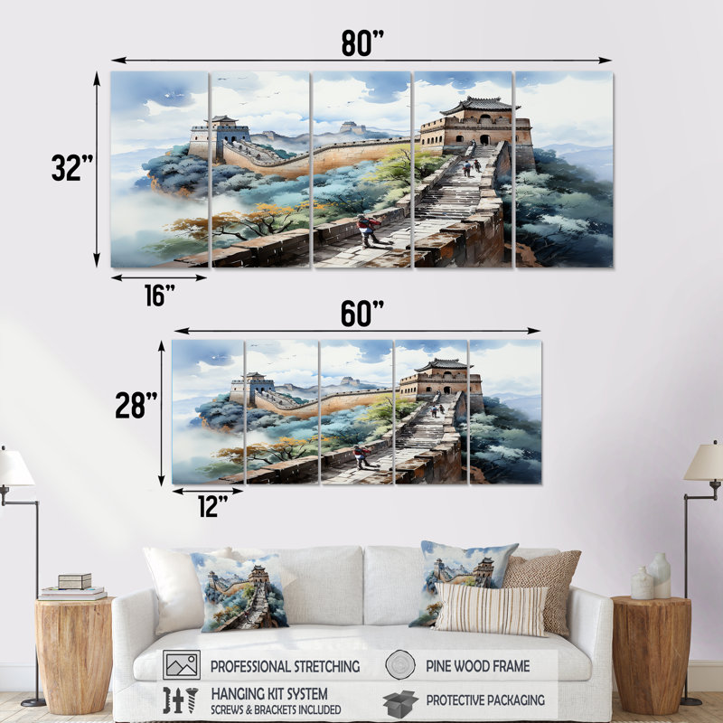 Grande muraille de Chine paysage I - art mural chinois 5 pièces pour le salon, H 32 po x l 80 po