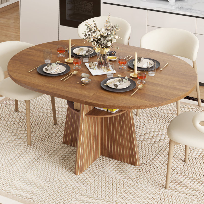 Extendable Dining Room Table For 4-6, Round Kitchen Table With Fluted Base, Oval Dinner Tables With 4 Storage Shelves, Walnut