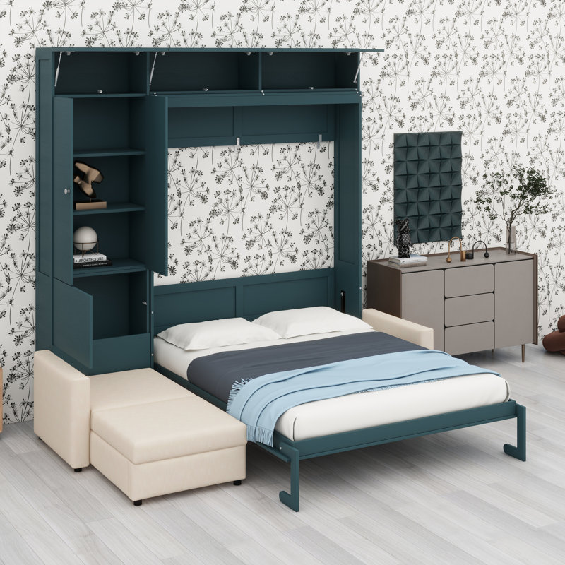 Lit escamotable mural avec canapé et tablettes de rangement, Vert