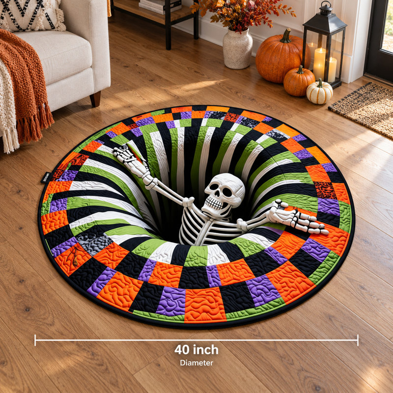 Tapis rond de 40 pouces avec effet d'optique 3D représentant un squelette d'Halloween et un envers antidérapant