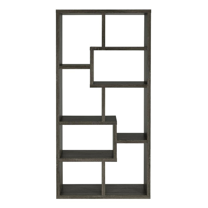 Bibliothèque rectangulaire à 10 tablettes en gris vieilli, sept espaces ouverts de différentes tailles et bibliothèque à motif géométrique gris, finition grattée, pour salle d'étude
