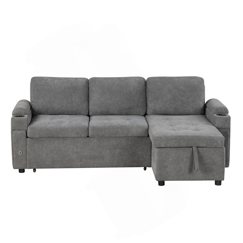 83.5" L-Shaped Sofa Couch Convertible Sofa Bed Sectional Sofa With Ample Storage Space, Two Cup Holders And Two USB Ports For Living Room, Gray