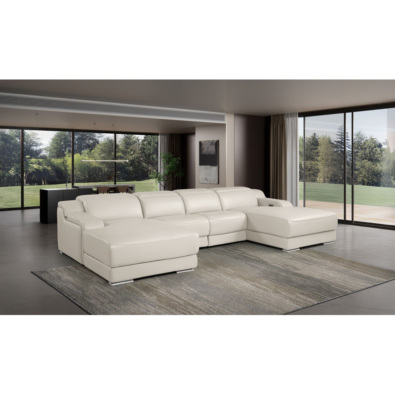 Canapé modulaire en cuir italien 4 pièces Clairemont clair avec 2 fauteuils inclinables électriques et appuis-tête réglables Clairemont