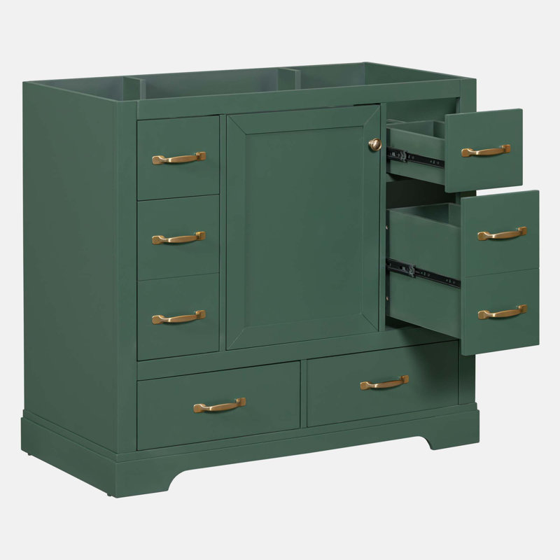 Green Solid Wood and MDF Freestanding Bathroom Vanity Base with Six Drawers