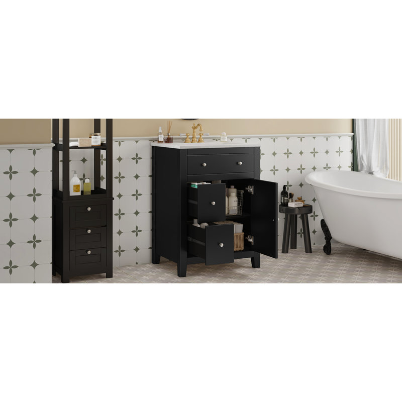 Meuble-lavabo 24 po avec lavabo en céramique, esthétique champêtre français, fonctionnement silencieux des tiroirs, compartiments de rangement modernes 24 po, lavabo, métal rustique, mouvement fluide, compact pour gels de douche