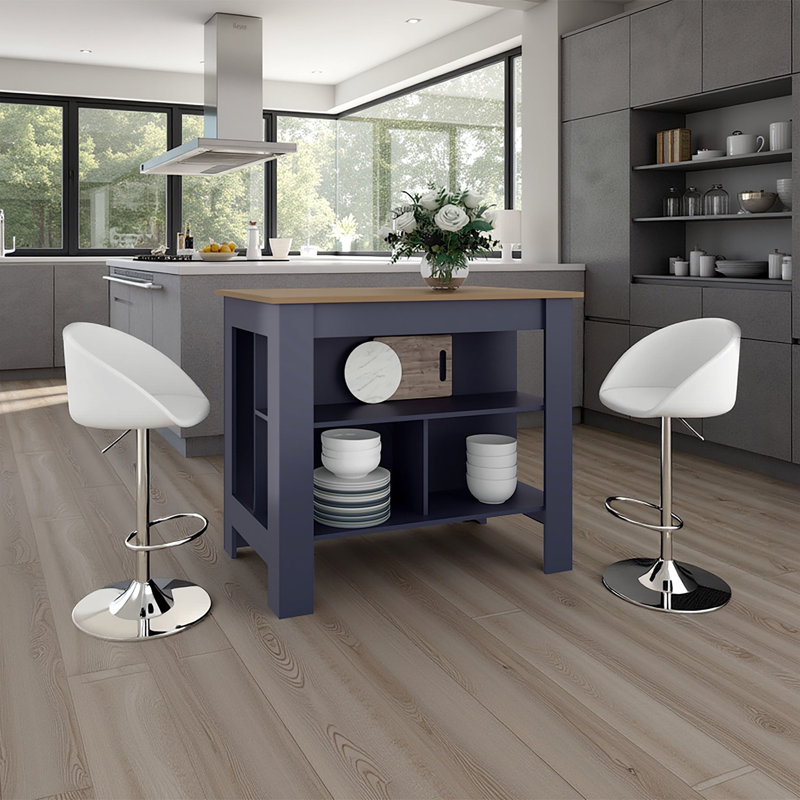 Îlot de cuisine bleu marine pour la salle à manger, trois espaces de rangement essentiels, préparation de repas à surface large, s'adapte à la plupart des zones, structure de panneau de particules, casseroles, casseroles et ustensiles de 34,91 po de hauteur