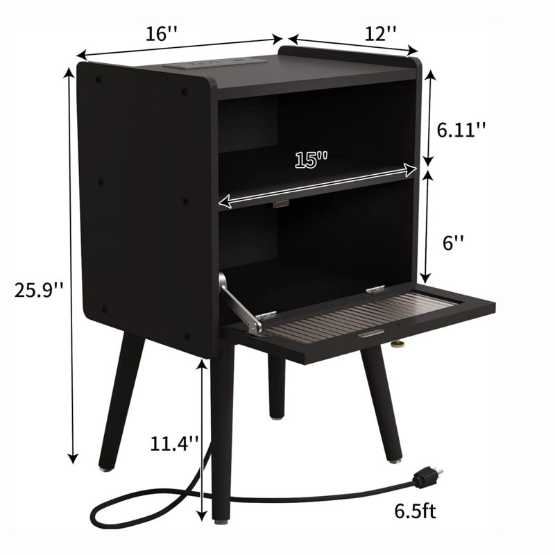 Table de chevet en bois massif Birdsall, Noir, noir, noir, noir