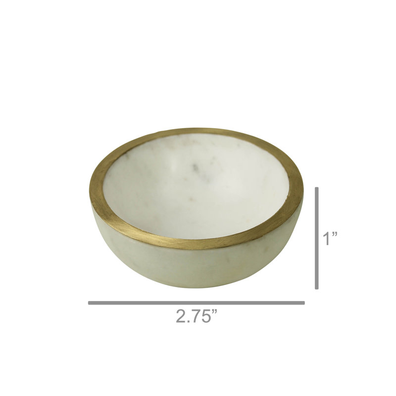Small Marble Bowl with Brass Edge, 1" H x 2.75" W x 2.75" D