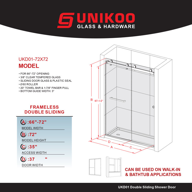 UKD01 66 to 72 in. x 72 in. H Frameless Double Sliding Shower Door with 3/8 in. (10mm) Clear Glass , Satin Brass