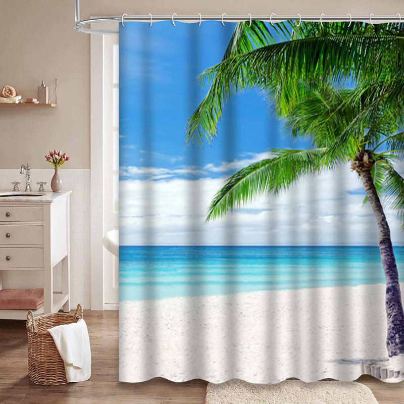 Scène de palmiers tropicaux avec plage de sable blanc et 12 crochets, L 72 po x l 84 po