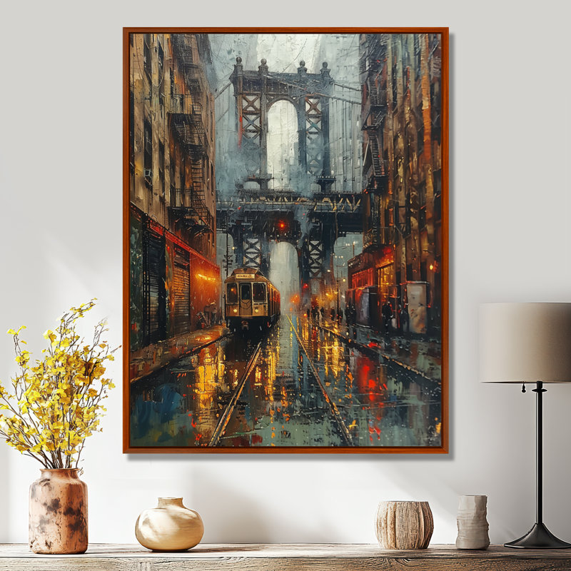 Pont brun et rouge Brooklyn City Bridge - art mural, Toile avec cadre flottant brun, H 32 po x l 24 po x P 1 po