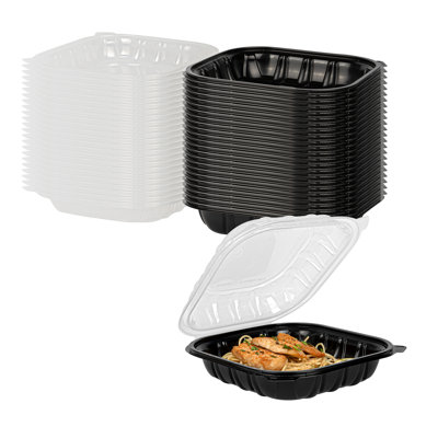 Restaurantware-Thermo Tek 40 Ounce Clamshell Containers, 100 Disposable Take Out Boxes - Ventilated Lids, Microwavable, Black Plastic Meal Prep Containers, For Pastas, Salads, Or Sandwiches