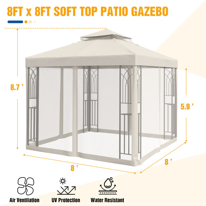 8 Ft. W x 8 Ft. D Patio Steel Soft top Double Roof Gazebo with Netting & Corner Shelves, Beige
