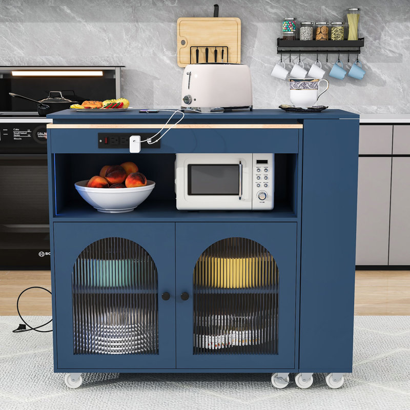 Rolling Kitchen Island with Extended Table, Kitchen Island with LED Light, Power Outlets and Storage, Navy