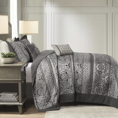 Couvre-lit réversible gris avec très grande broderie sur 5 coussins, décor luxueux lavable à la machine avec coutures dorées, 5 taies décoratives