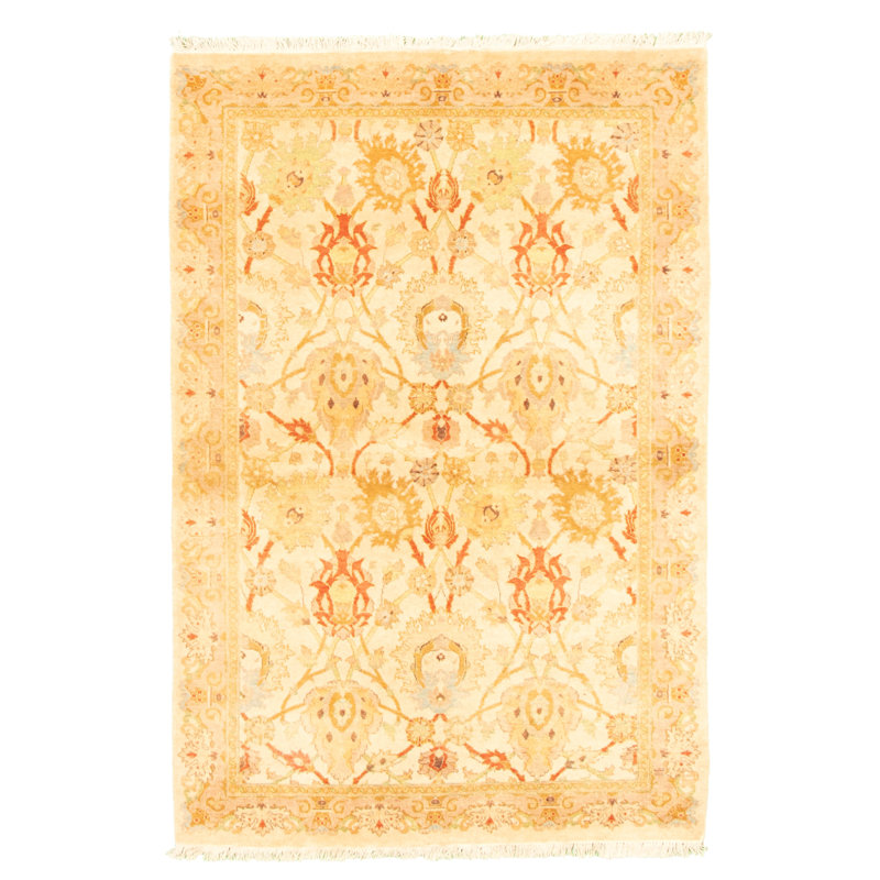 Tapis décoratif en laine noué à la main de conception persane et unique noué à la main new age paki 18/20 jaune clair 4 pi 1 po x 6 pi 1 po