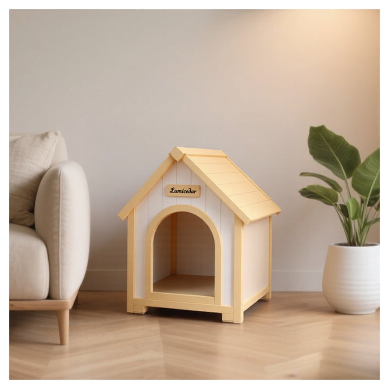 Niche pour chien d'intérieur en cèdre massif certifiée FSC - Cabane jaune crème pour petits chiens et chats