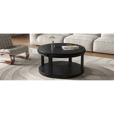 Table basse ronde en bois massif de 31,5 po, style Mid-Century moderne, tablette ouverte à 2 niveaux, capacité de 100 lb, surface lisse, assemblage de 15 minutes en noir, rangement, support, installation