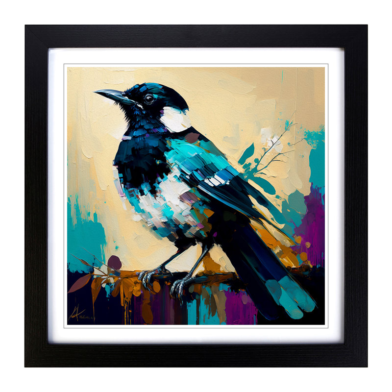 Magpie Palette Knife Painting No.1 - Single Picture Frame Print on Wood, Black