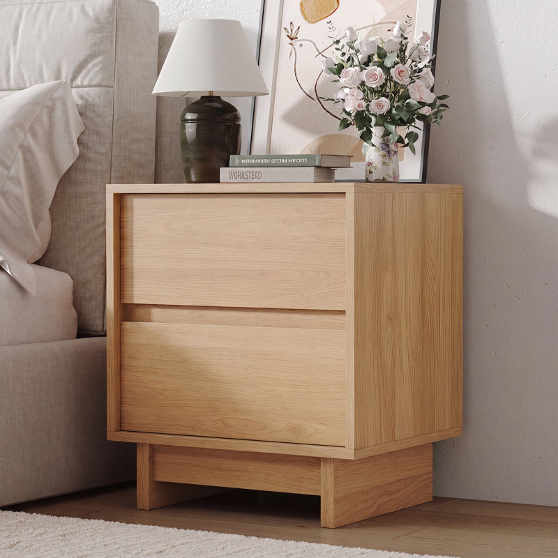 Catarina Modern Side Table With 2 Drawers, End Table With Round Legs For Living Room, Bedroom, Oak