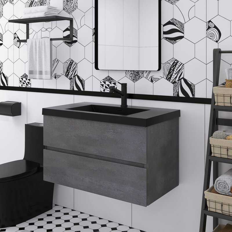 Armoire de salle de bain murale avec comptoir sable quartz noir, 35.43"