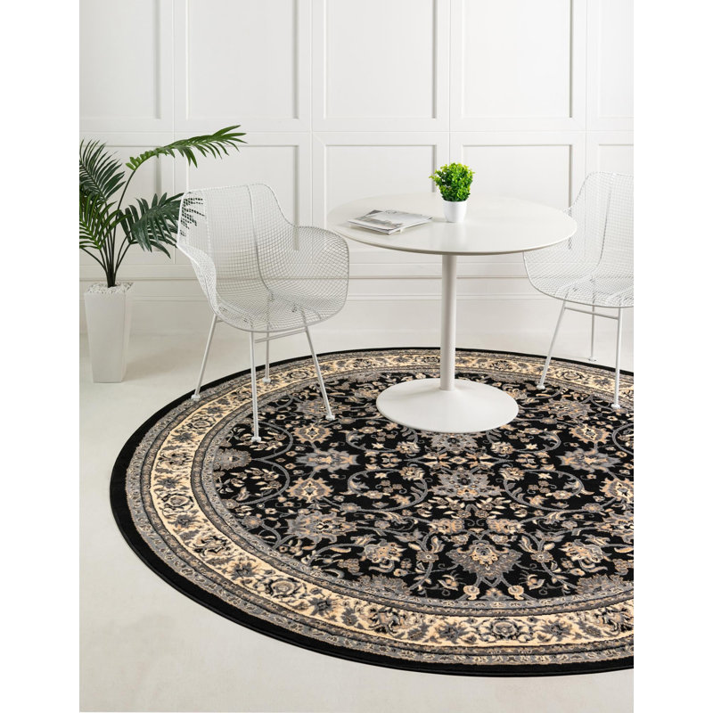Tapis noir à motif floral Hanan, Black, Rond 6 pi 1 po