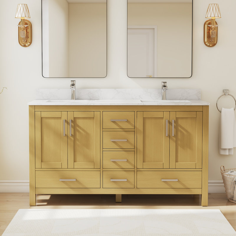 Meuble-lavabo double 60 po avec plateau en granite blanc Riverford, 59"