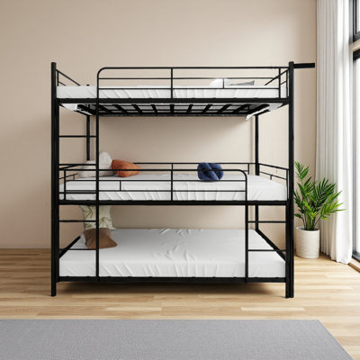 Heavy-Duty Triple Frame Bed With Built-In Ladder And Full-Length Railing, Floor Safe For Children/Teens/Adults, Bedroom/Dorm Room, No Springs Required, Easy To Assemble