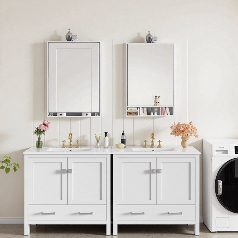 Ensemble de meuble-lavabo moderne 72 po avec deux lavabos en céramique, Blanc, 72"