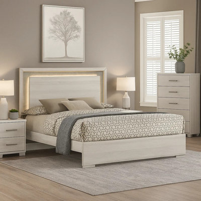 Nomi King Size Bed W LED On Headboard, Antique White Wash Finsih