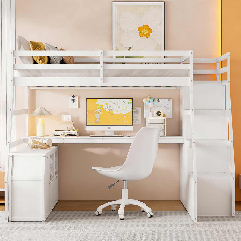 Modern Loft Bed With 7 Drawers 2 Shelves And Desk Multifunctional Furniture For Bedroom, White, Full