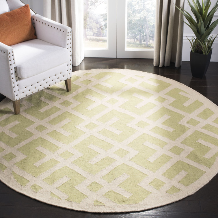 Crawford Hand Woven Flat Weave Wool/Cotton Geometric Rug in Ivory/Light green