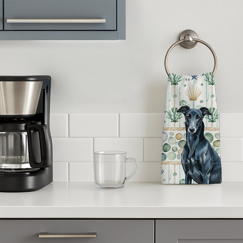 Black Greyhound Coastal Sea Glass Kitchen Towel, Black Greyhound