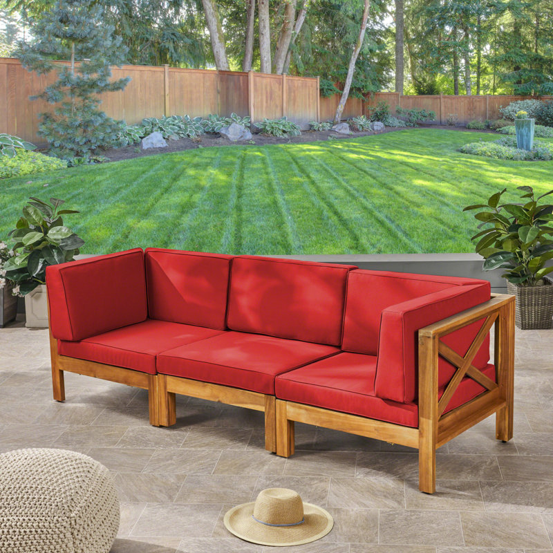 30.3'' Wide Wood Patio Sofa with Cushions, Teak Frame / Red Cushion