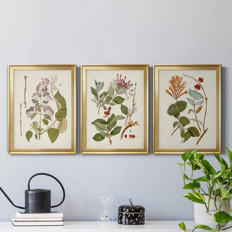 «Vintage Flowering Trees II», ensemble de 3 impressions sur toile encadrées, Doré, H 22,5 po x l 91,5 po x P 1,5 po