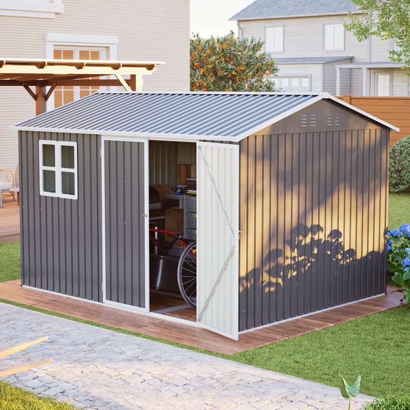 Remise de rangement en acier surdimensionnée de 10 pi x 8 pi avec fenêtre, portes verrouillables et toit incliné, remise à outils robuste pour jardin, patio, cour arrière, pelouse