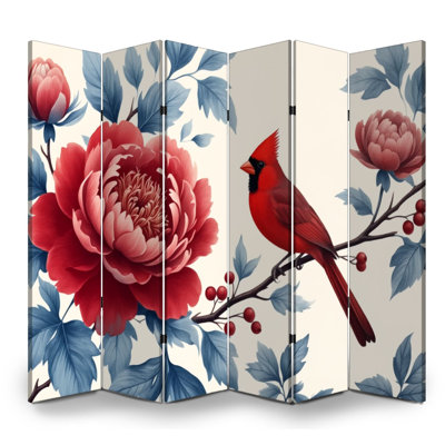 Cloison pliante 6 panneaux paravent Cardinal rouge royal perché sur une grande branche de pivoines roses et rouges Toile bleue Séparateur de cloison de protection autoportant