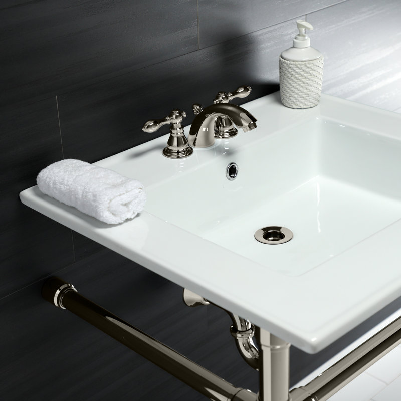 Kingston Brass Dreyfuss 25-Inch Ceramic Console Sink with Stainless Steel Legs, Polished Nickel, 4" Centers