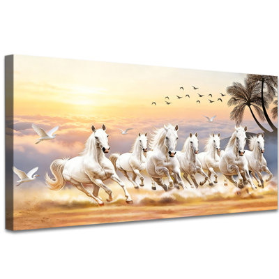 Horse Canvas Wall Art Decor, White Horse Running in Sunrise Scenery, Animal Print Canvas Wrapped Framed Painting for Living Room Bedroom Office, Ready to Hang Picture Poster 16×32 Inches