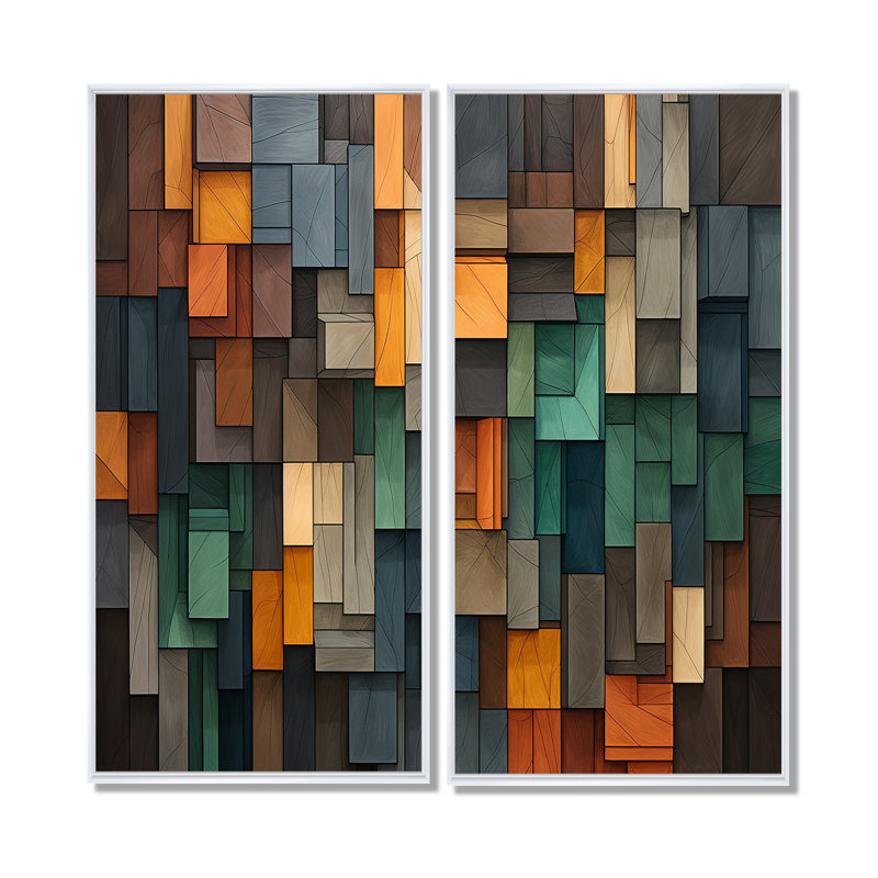Vert et jaune mosaïque cubes pluie - art mural vert, 32" H x 32" W, Impression encadrée flottante, White