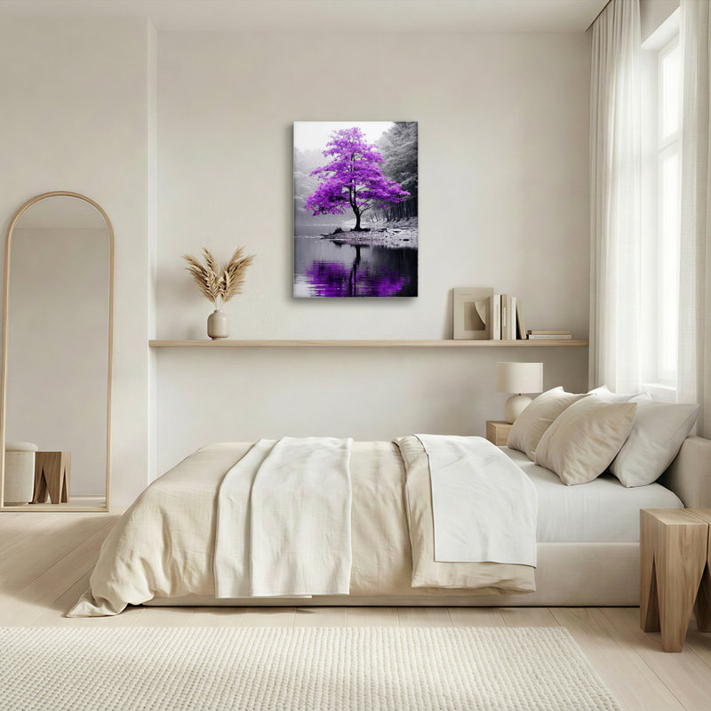 Arbre mauve sur un lac, reproduction d'art sur toile tendue sur toile, ensemble de 1, H 18 po x l 12 po