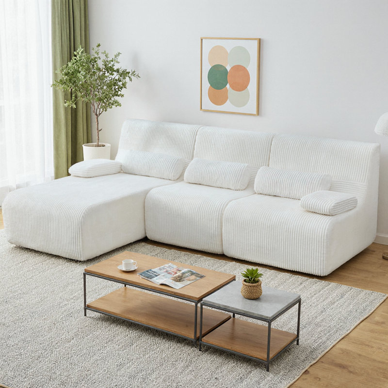 Canapé modulaire moderne de 98 po, canapé en forme de L sans os, revêtement en velours côtelé doux, canapé convertible modulaire, emballage compressé, aucun assemblage requis, canapé confortable à 3 places pour les appartements
