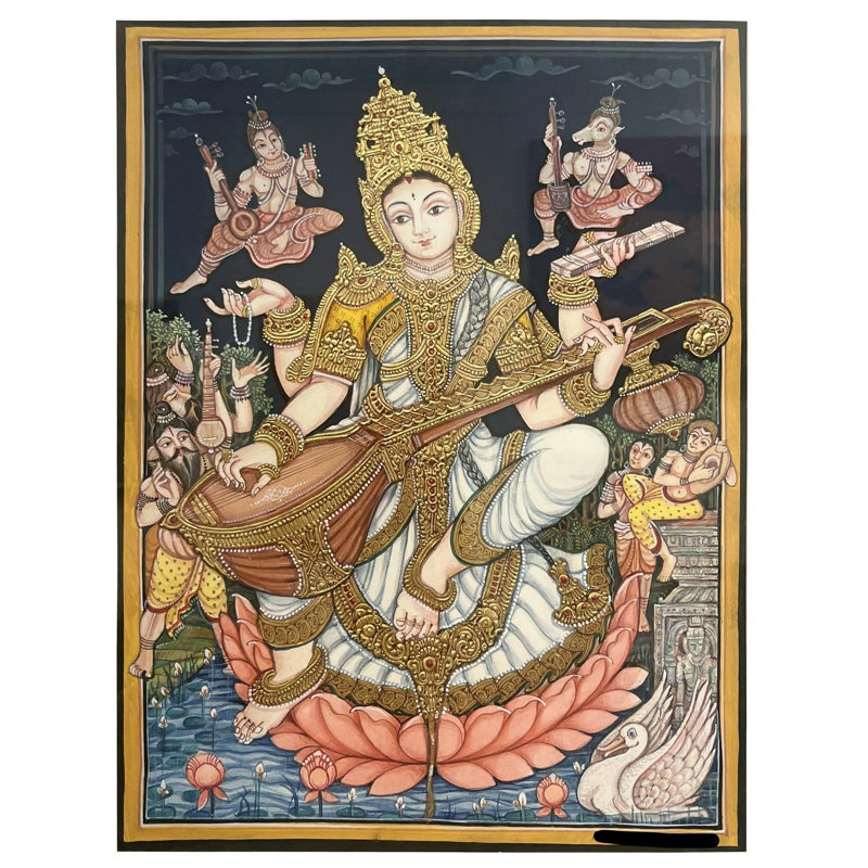 Devi Saraswati | Gold Foil Work | Mysore Painting | For Wall Décor