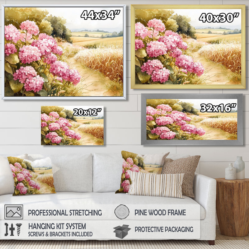 Hydrangeas In The Cornfield - Hydrangea Wall Art Decor, Wrapped Canvas, 16" H x 32" W, Does Not Apply