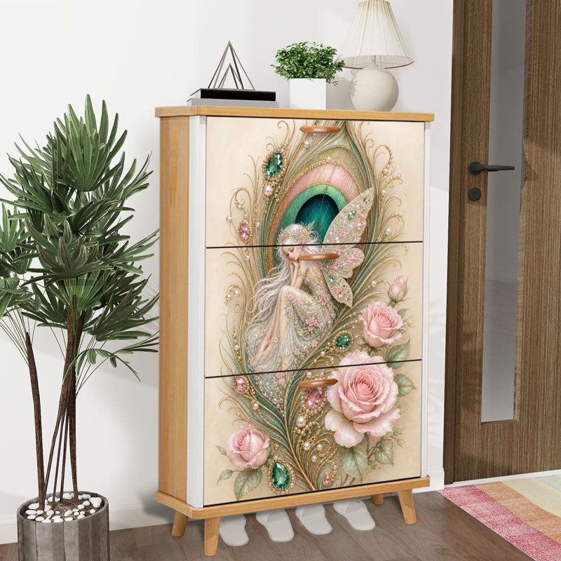 Armoire de rangement pour chaussures avec 3 tiroirs rabattables pour ailes de papillon fantaisie féerique entourée de paon